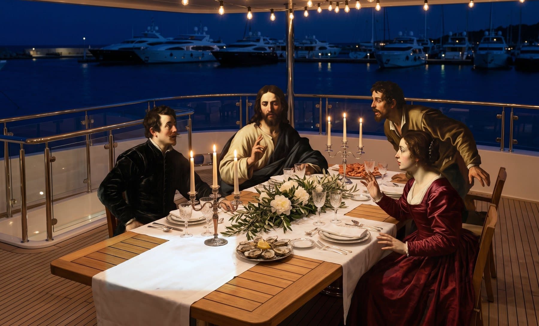 Old Masters–style candlelit supper on a superyacht aft deck, moored in a Mediterranean marina at dusk