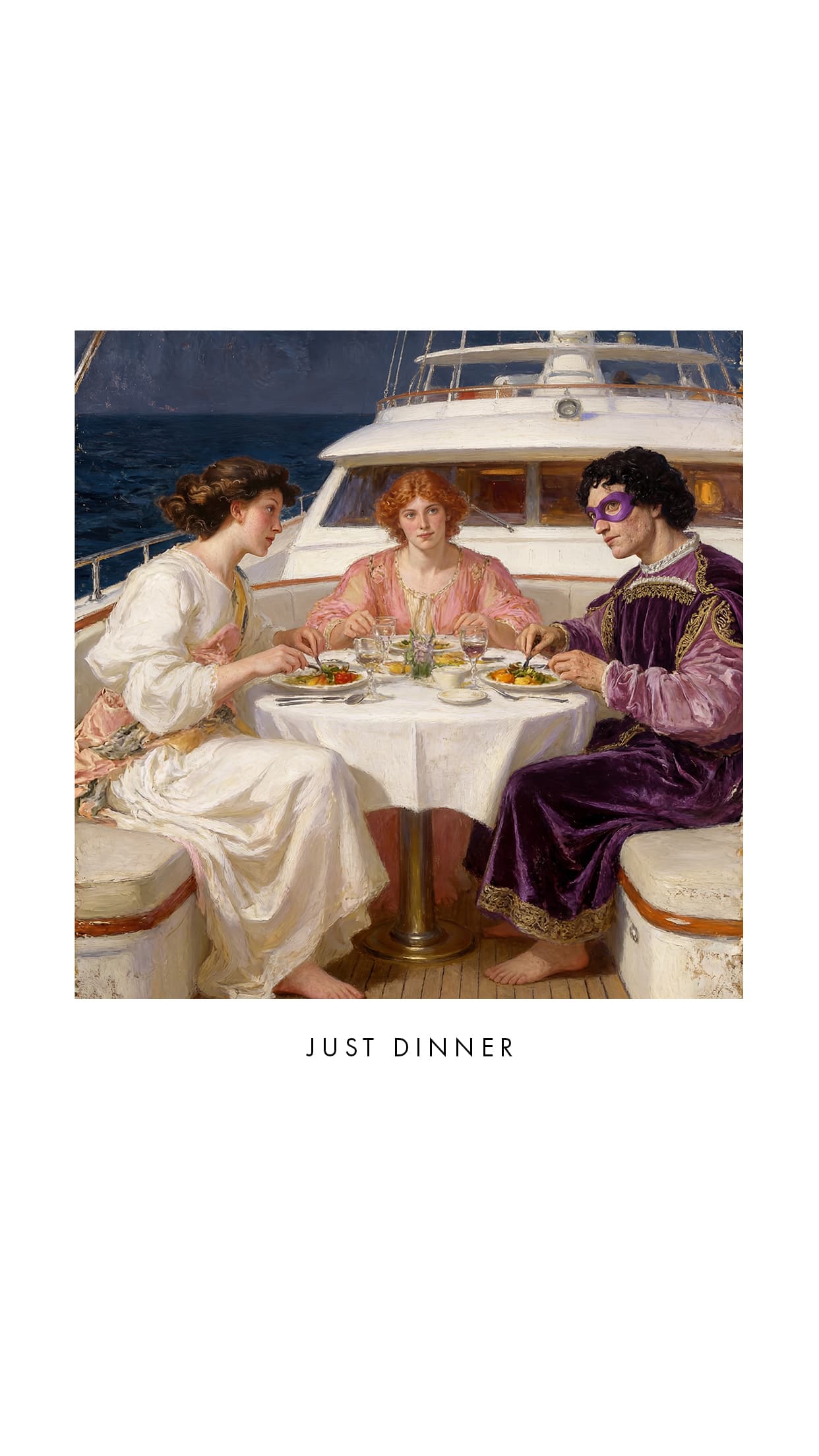 Illustrated dining scene aboard a superyacht, Just Dinner