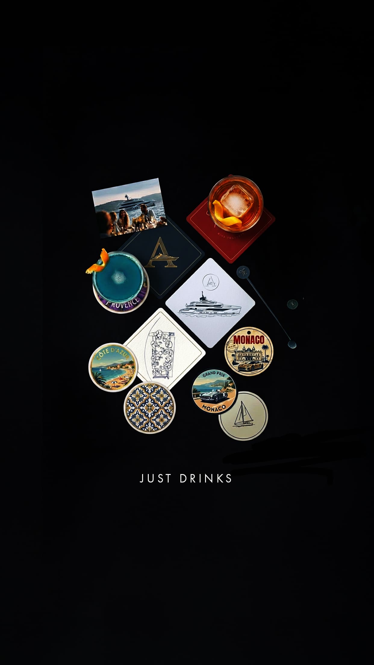 Armada Club branded coasters and cocktails, Just Drinks