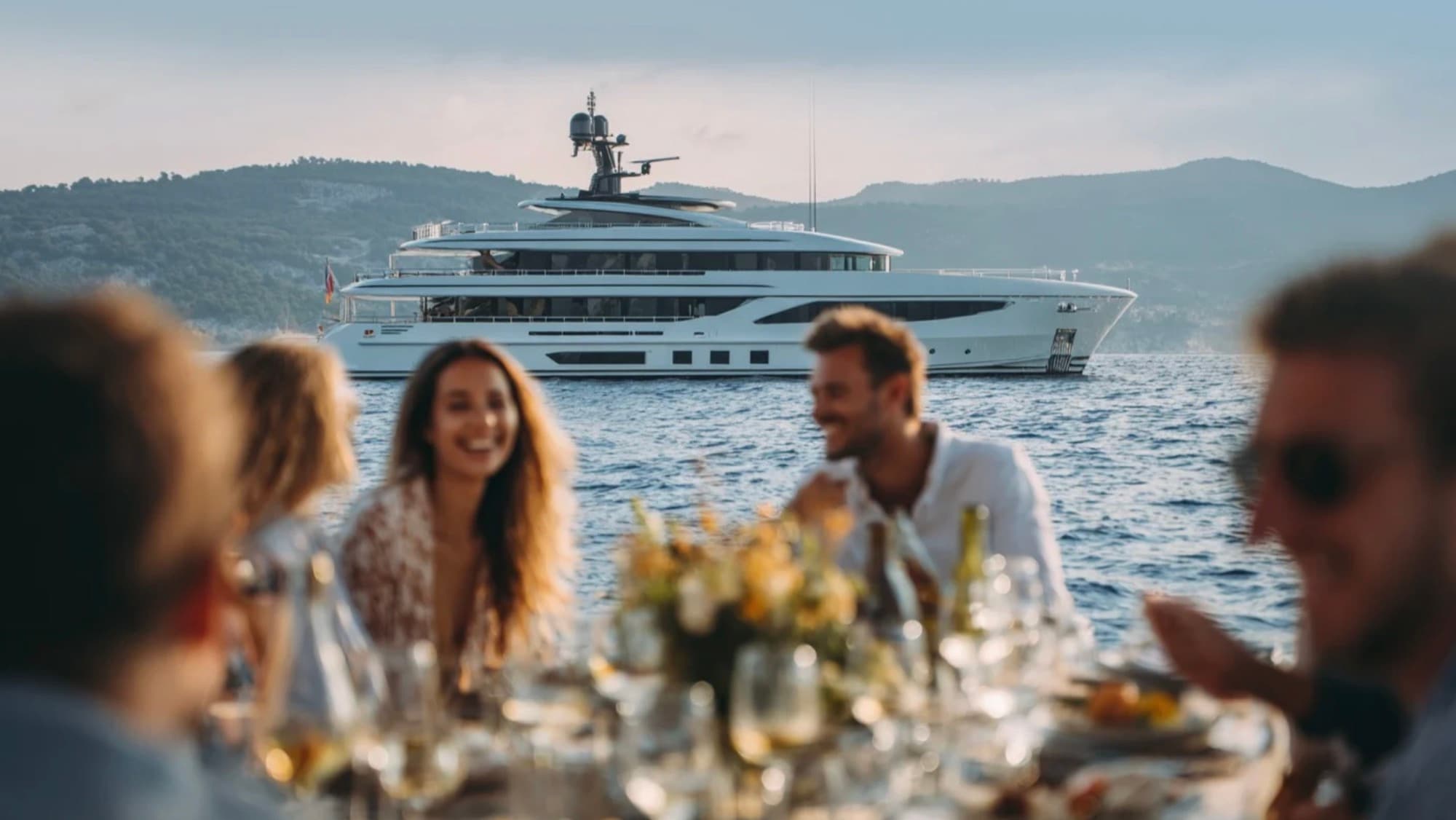 Guests dining at sunset with a superyacht moored in the bay behind them