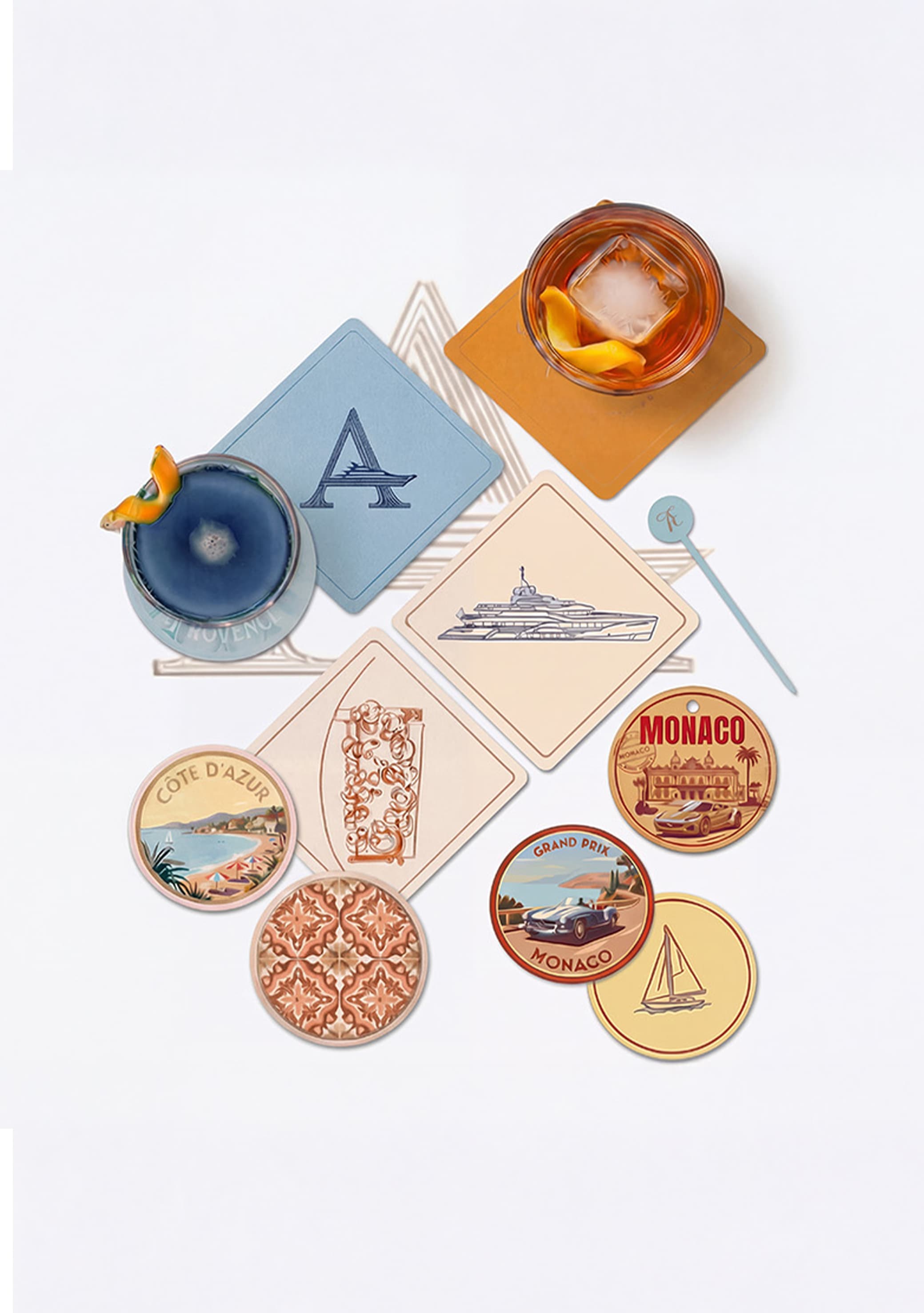 Armada Club branded coasters and cocktails on a light background