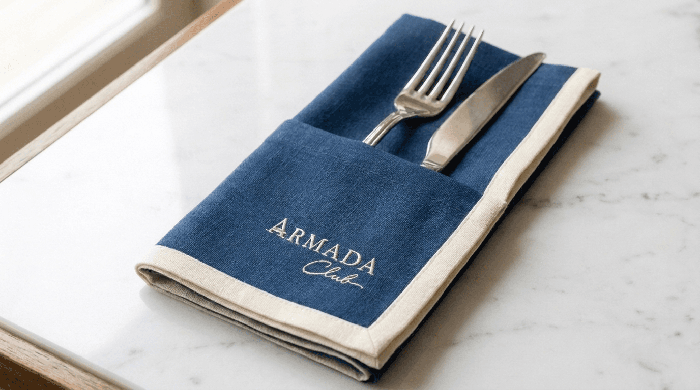 Armada Club embroidered linen napkin with silver cutlery on a marble table