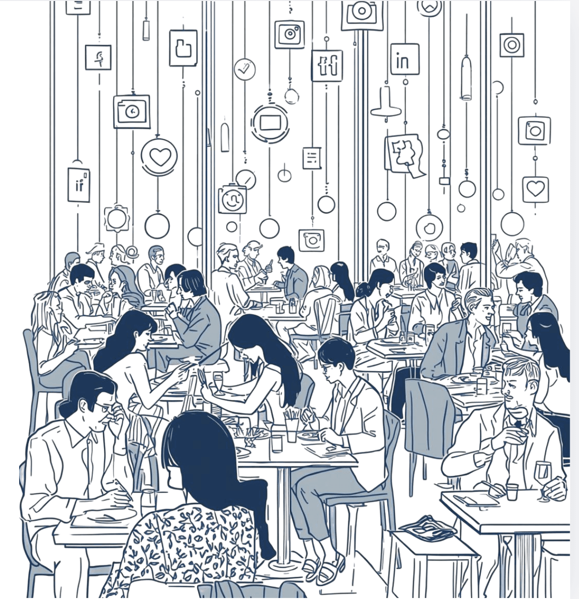 Illustration of guests dining quietly while social media icons hang above the room
