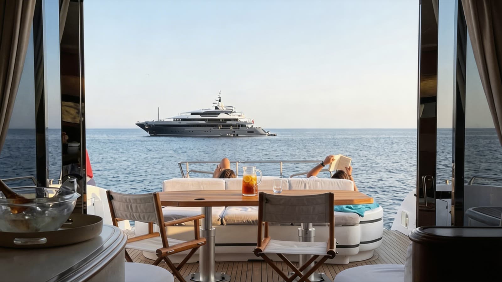 Striped daybed with cushions on a superyacht deck
